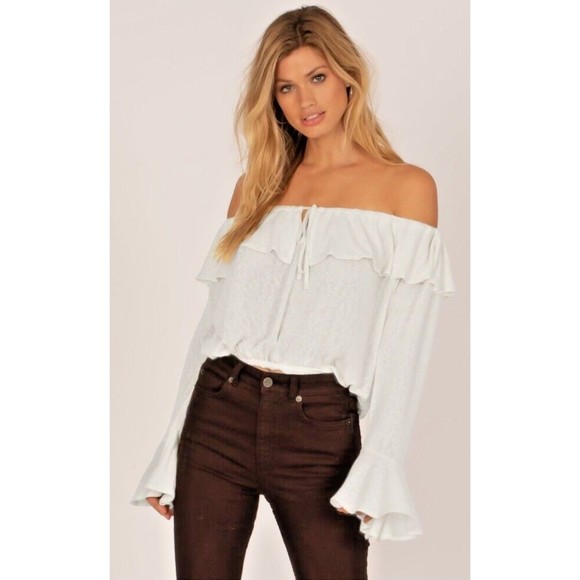 AMUSE SOCIETY WHITE BELLA BABE KNIT OFF THE SHOULDER CROPPED TOP SIZE LARGE - Picture 1 of 13